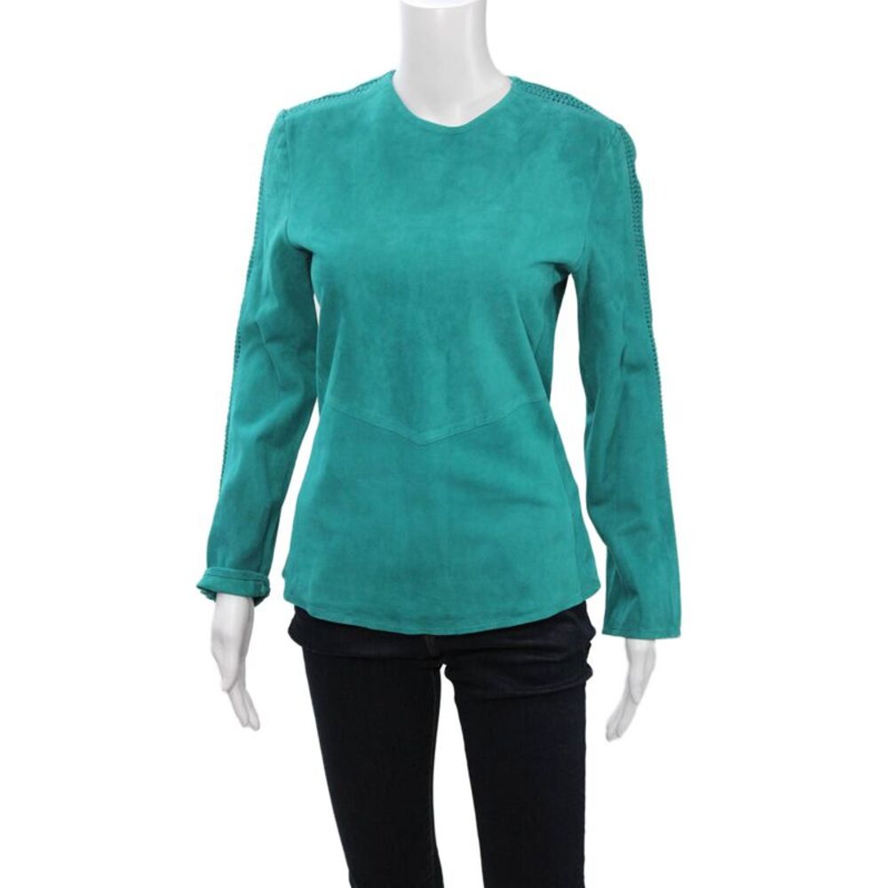 In Transit Women Green Leather Zip Crew Neck Long Sleeve Top Size S